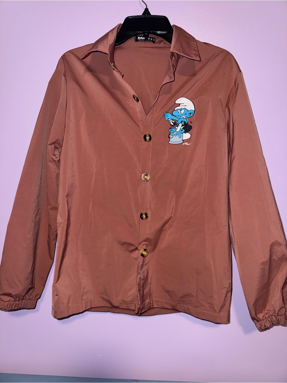 ROMWE Rust Brown Button-Down Shirt with Blue Cartoon Patch